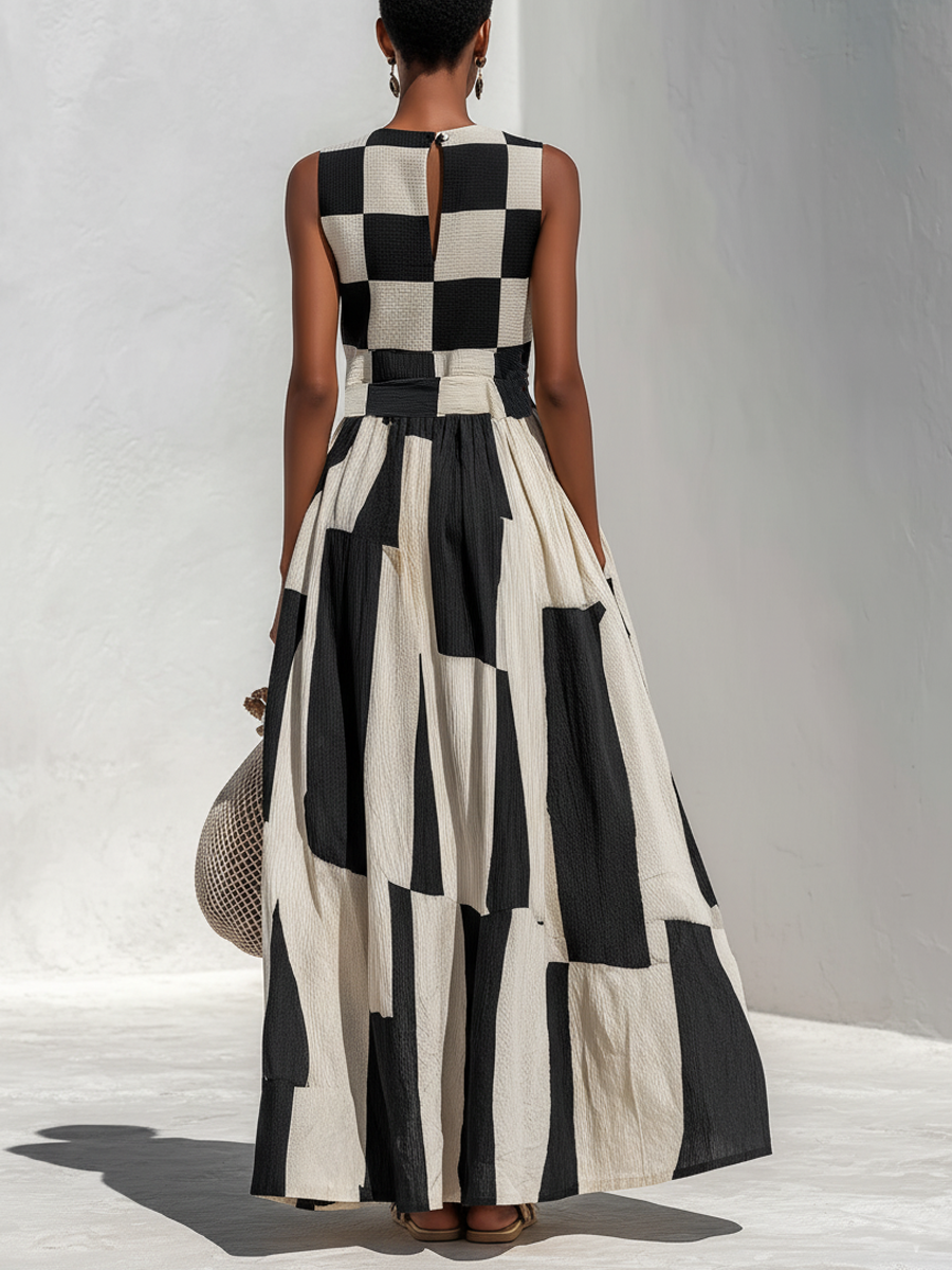 Esmé™ | Check And Stripe Pattern Sleeveless Maxi Dress