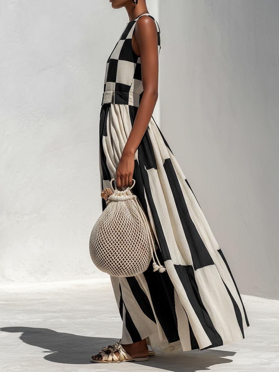 Esmé™ | Check And Stripe Pattern Sleeveless Maxi Dress