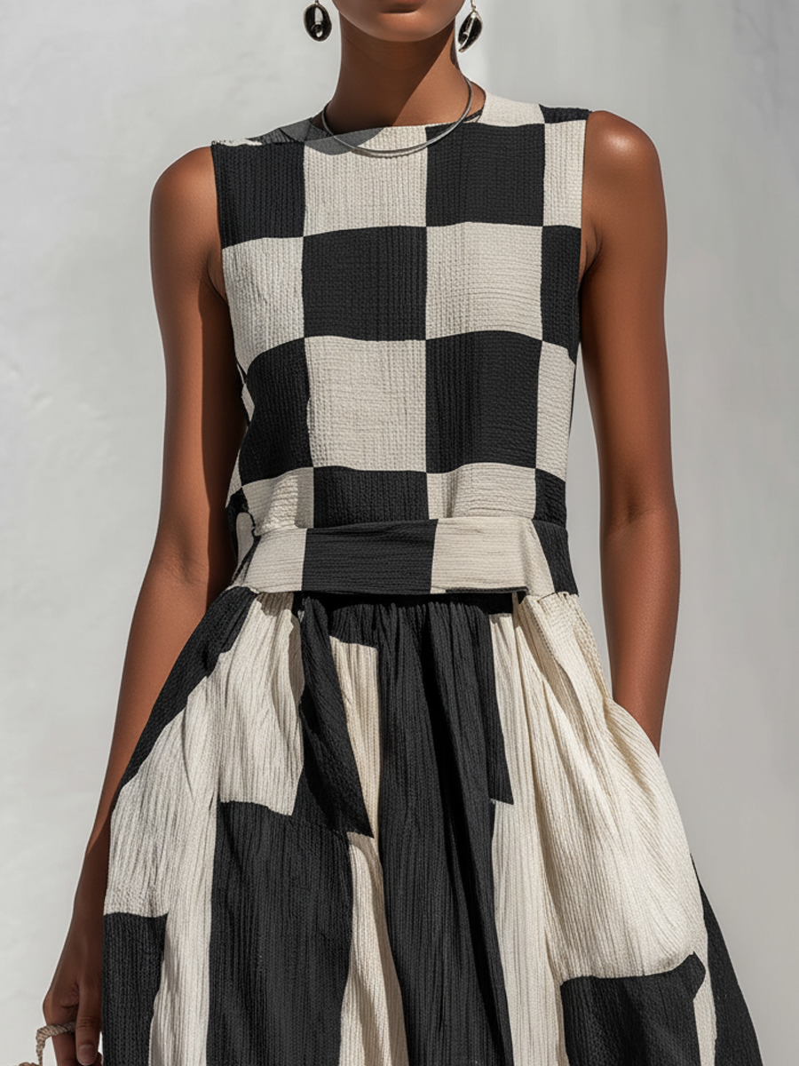 Esmé™ | Check And Stripe Pattern Sleeveless Maxi Dress