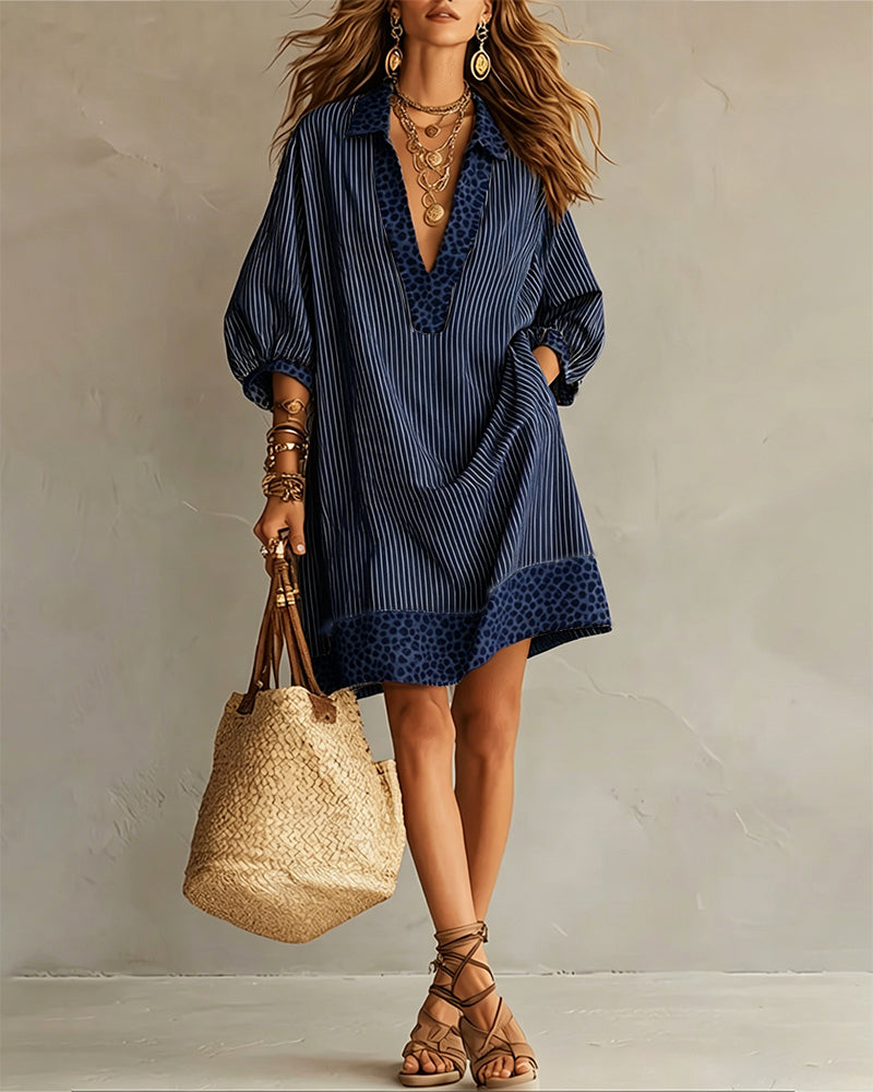 Roxana™ | Leopard Print Panel Puff Sleeve Striped Shirt Dress
