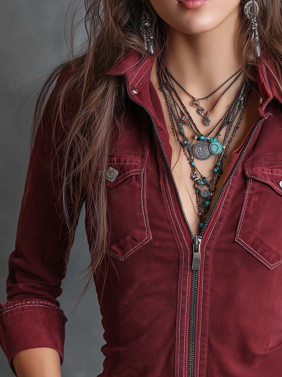 Kendra™ | Vintage Zip-Up Collar Flap Pocket Distressed Shirt