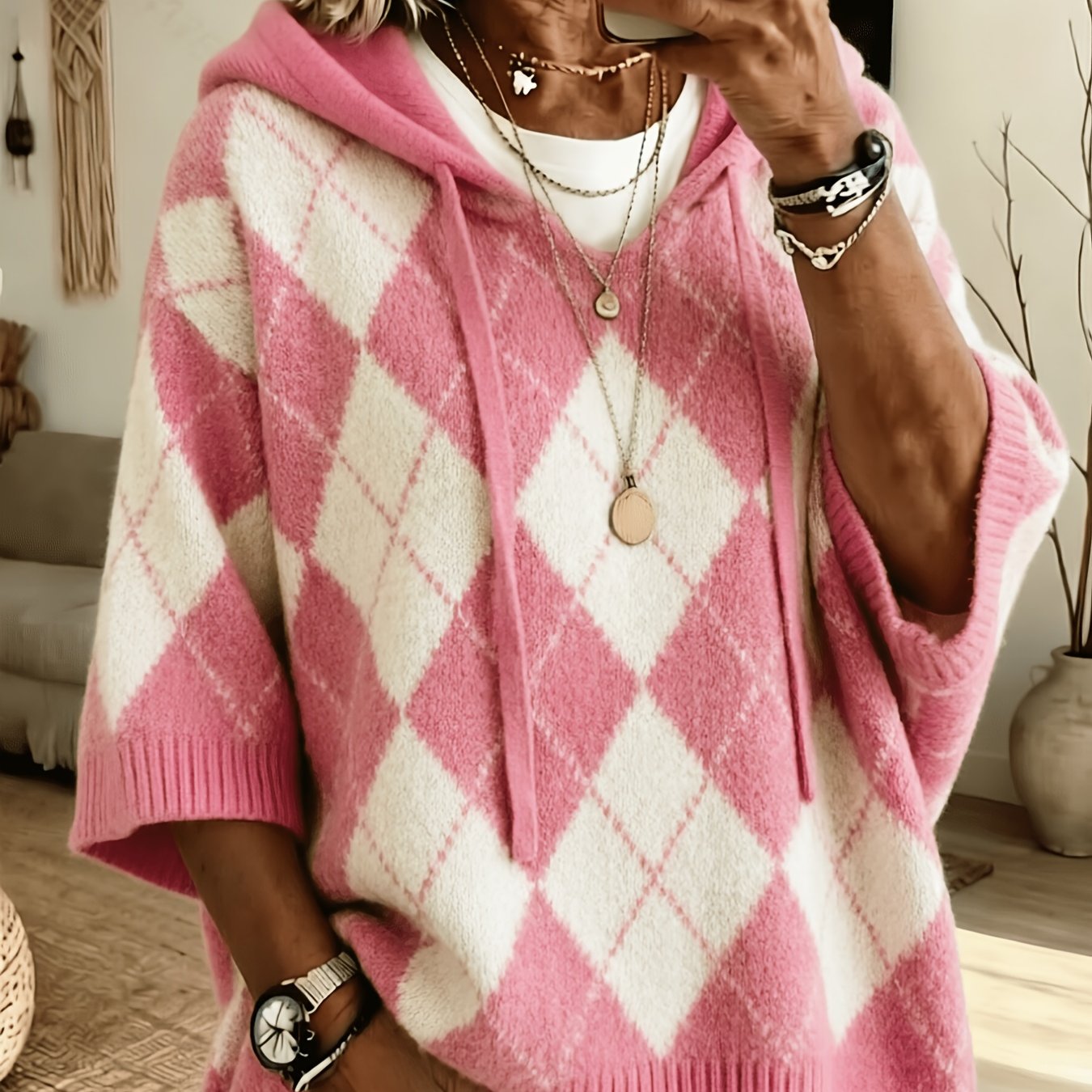 Nadia™ | Retro Diamond Hooded Sweater