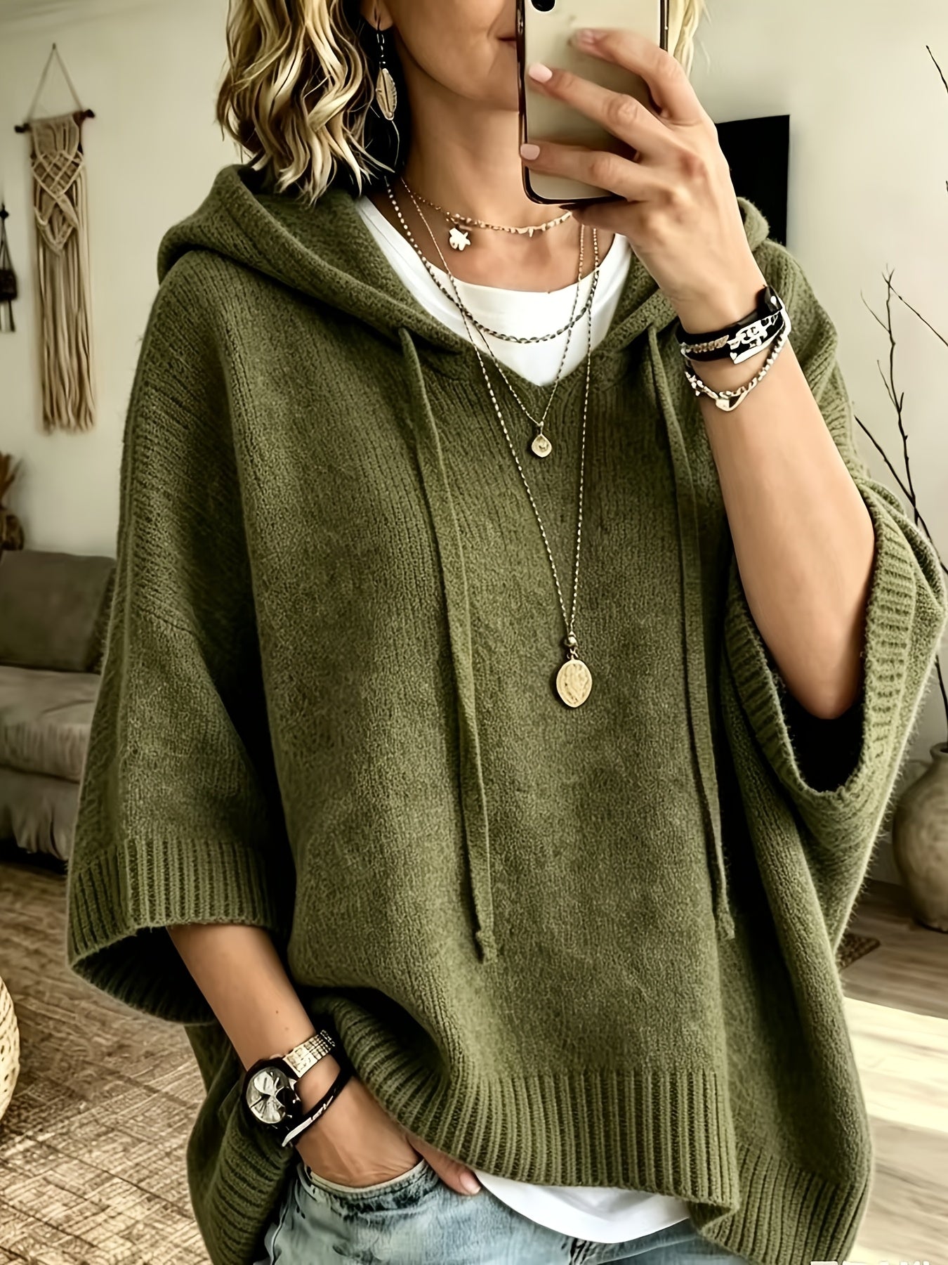 Vynora™ | Casual Drawstring Hooded Poncho Sweater