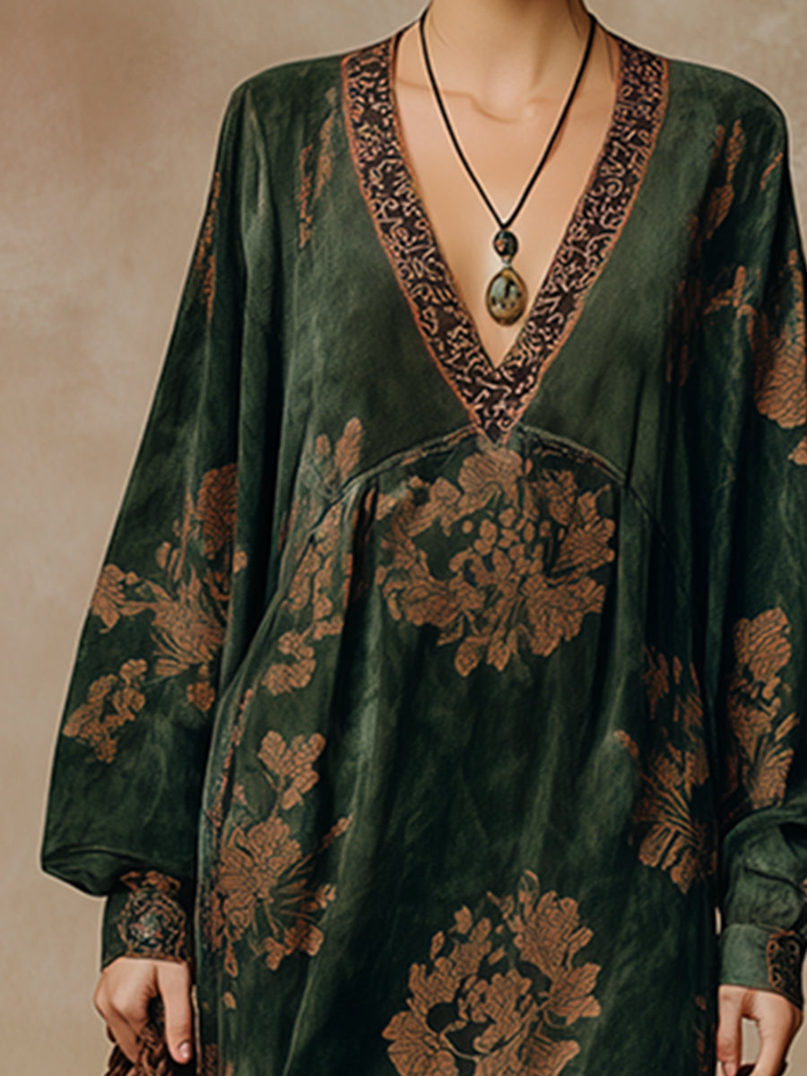 Brelaine™ | Retro Silhouette Printed Green Tassel Maxi Dress