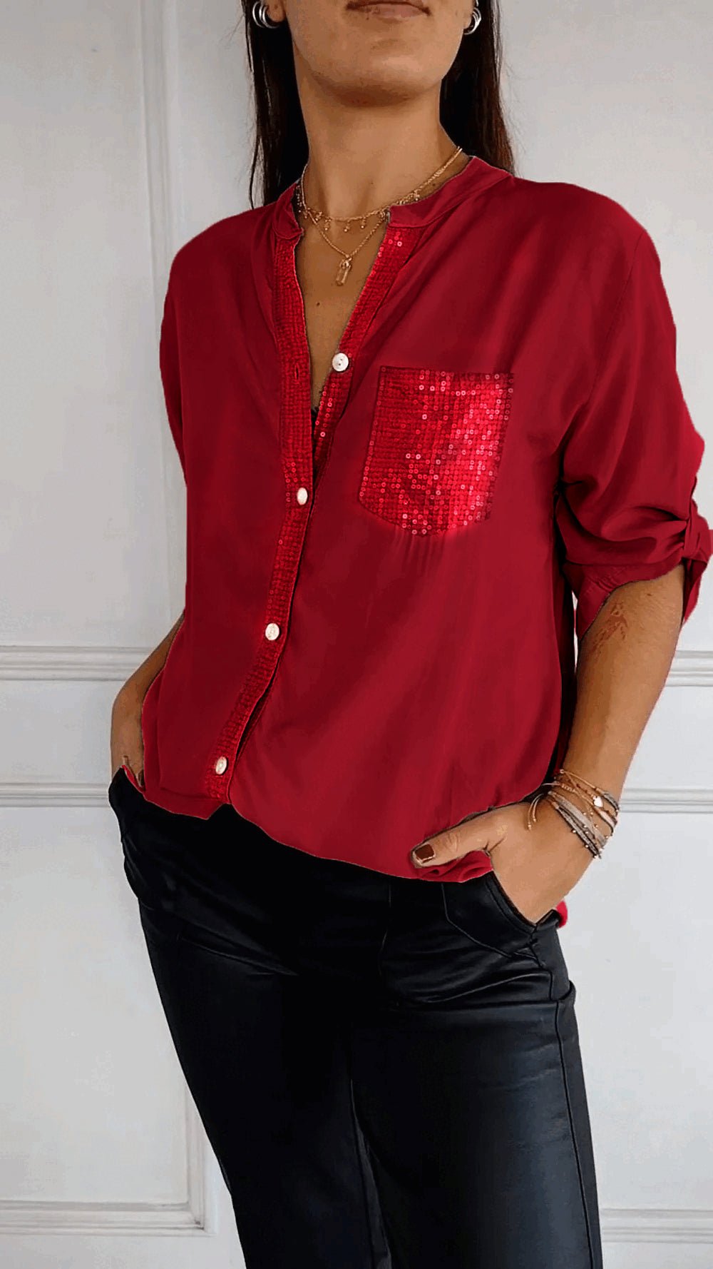 Lucette™ | Sequin Trim Button-Up Shirt