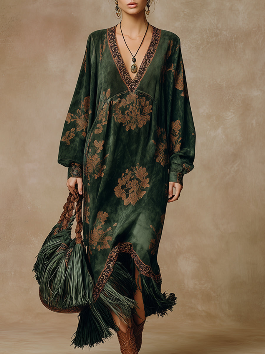 Brelaine™ | Retro Silhouette Printed Green Tassel Maxi Dress