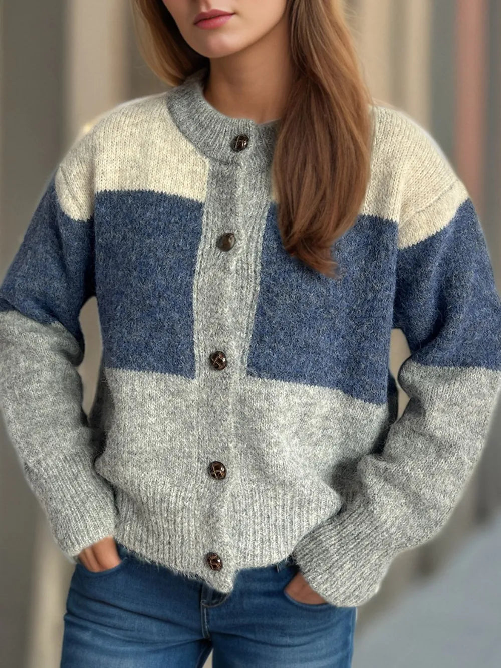 Elowyn™ | Color Block Round Neck Button-Up Cardigan