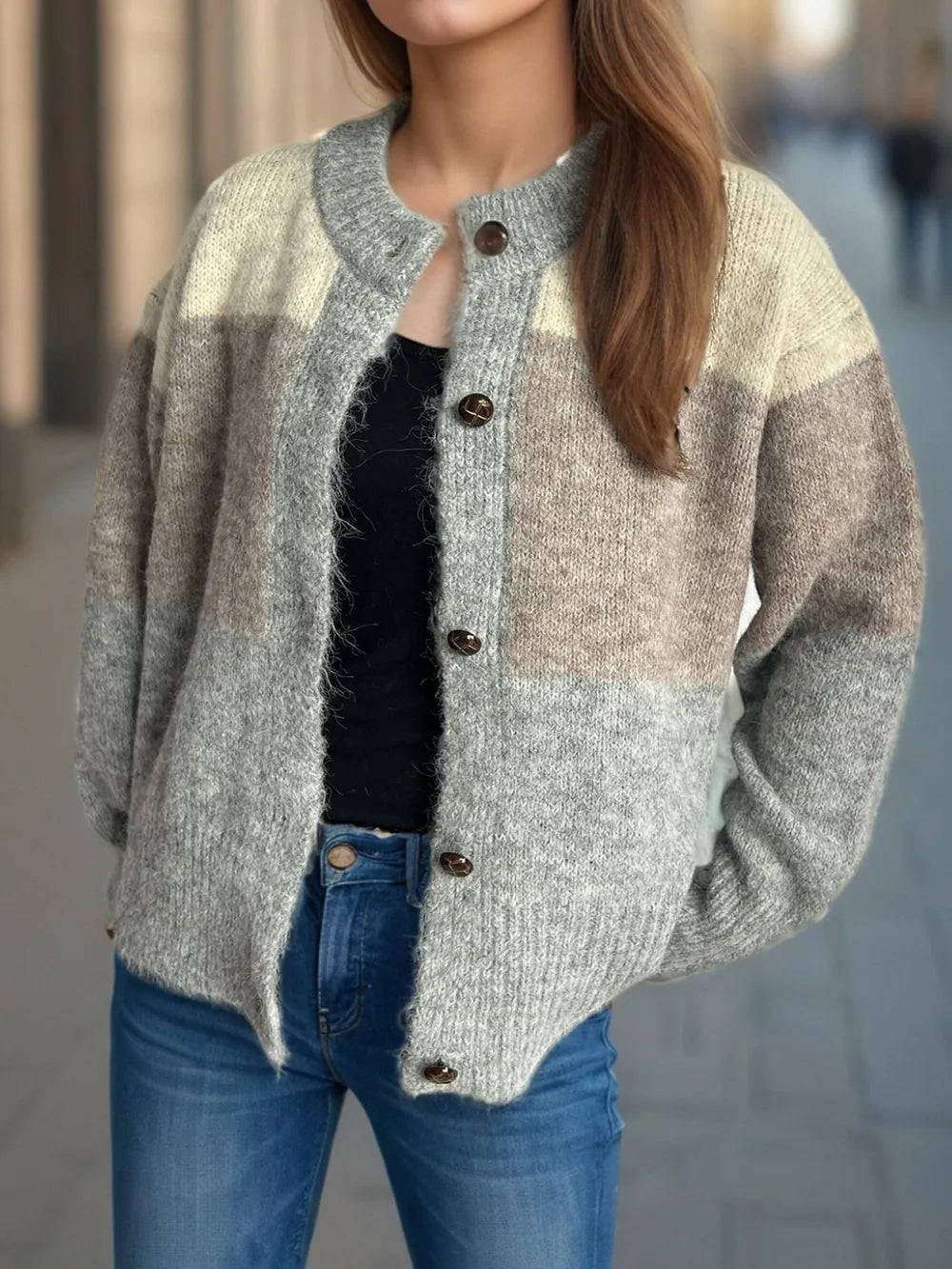 Elowyn™ | Color Block Round Neck Button-Up Cardigan