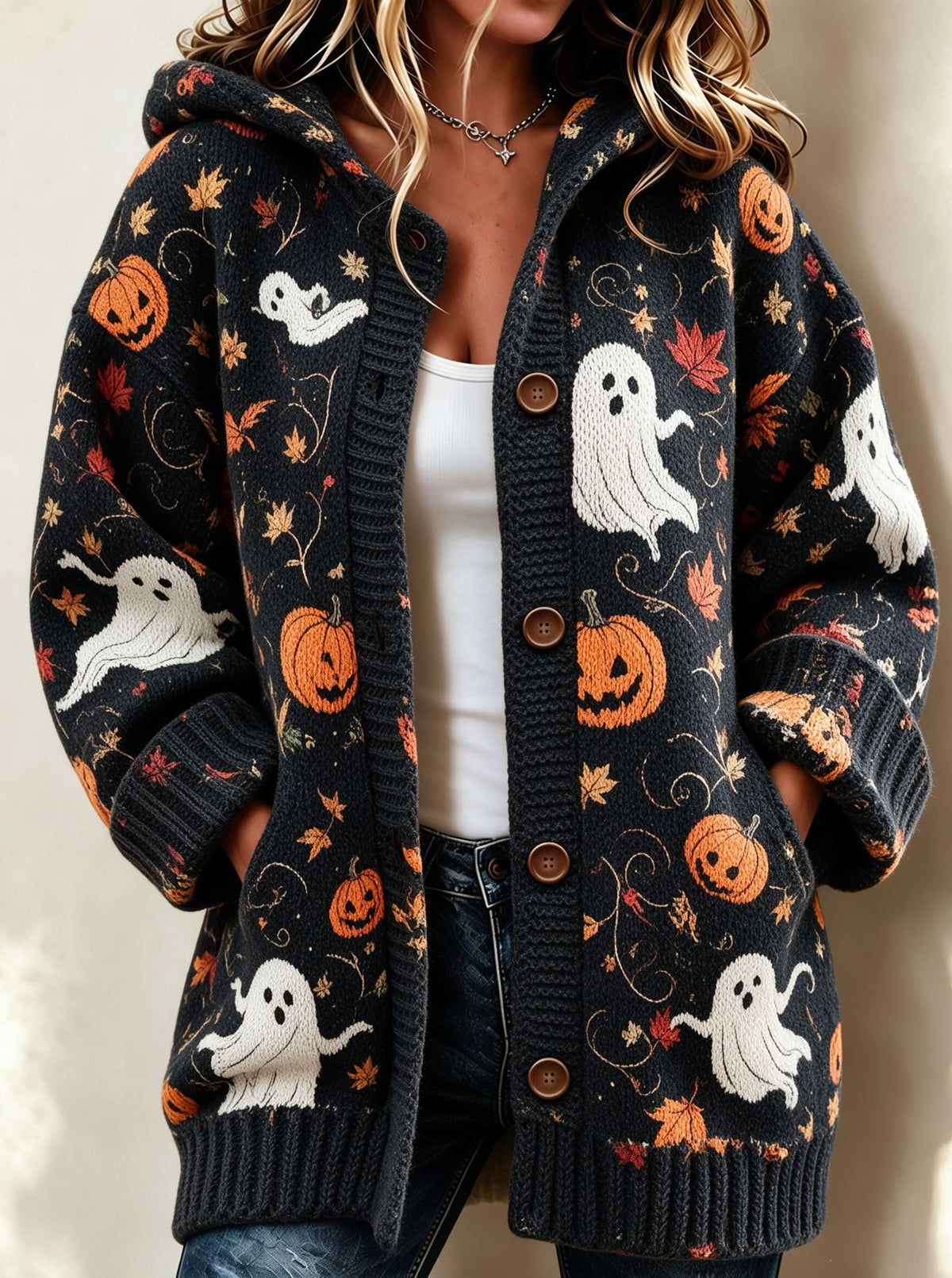 Women's Halloween Ghost Pumpkin Hooded Knit Jacket