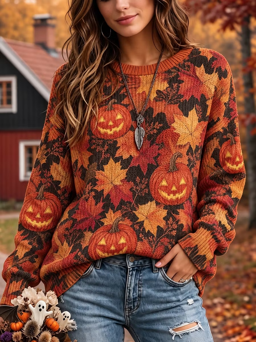 Women's Halloween Leaf & Pumpkin Knit Sweater