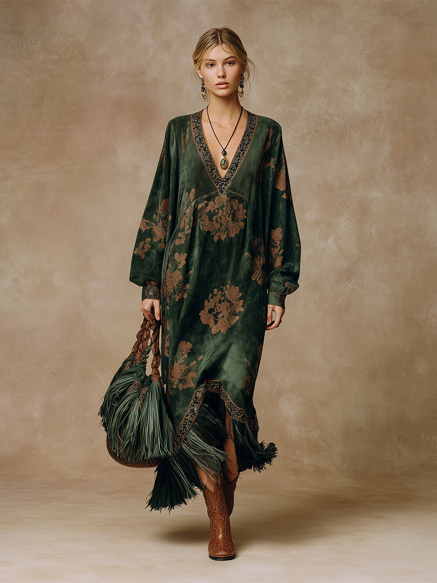 Brelaine™ | Retro Silhouette Printed Green Tassel Maxi Dress