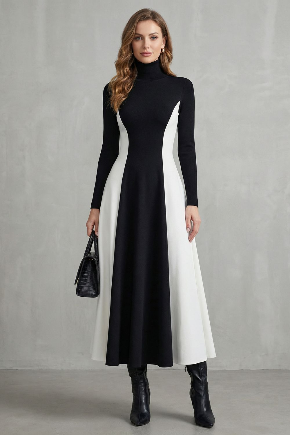 Leontara™ | Sculpted Contrast Flow Turtleneck Dress