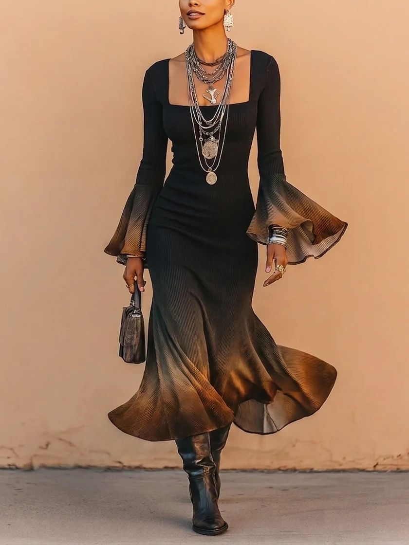 Palomelle™ | Square Neck Gradient Fitted Midi Mermaid Dress