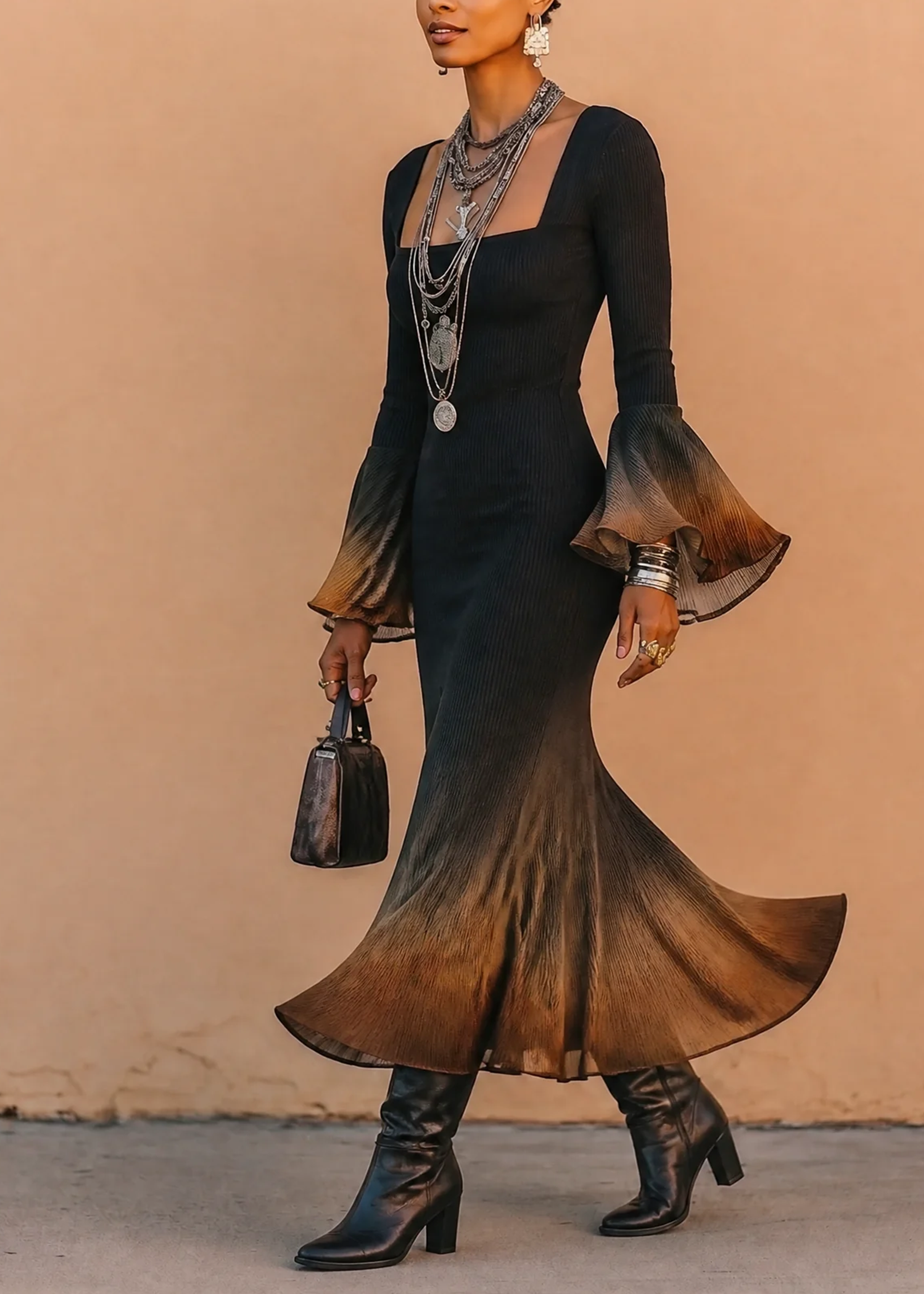 Palomelle™ | Square Neck Gradient Fitted Midi Mermaid Dress