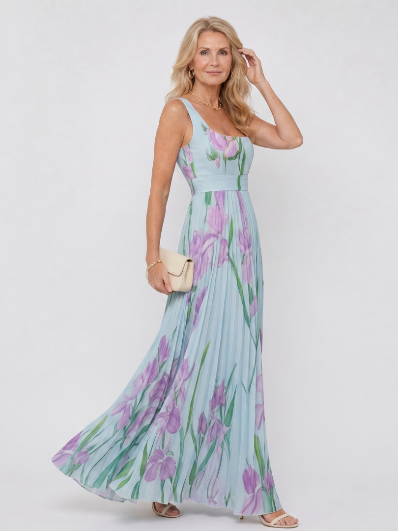 Glorine™ | Sleeveless Floral Pleated Maxi Dress with Square Neckline