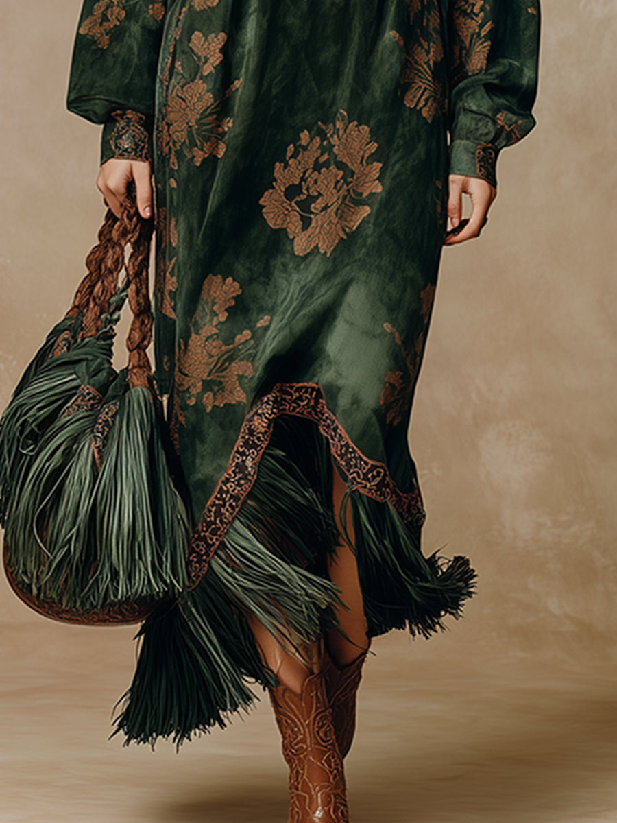 Brelaine™ | Retro Silhouette Printed Green Tassel Maxi Dress