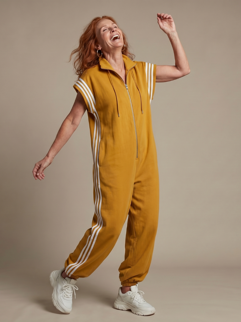 Jivonne™ | Zip Front Stripe Panel Jumpsuit