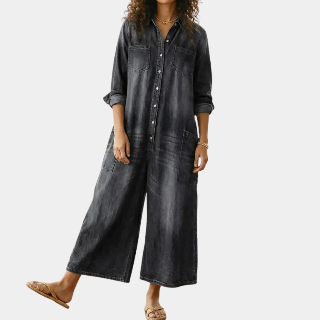 Sandy | Vintage Washed Soft Cotton Denim Jumpsuit with Button Closure