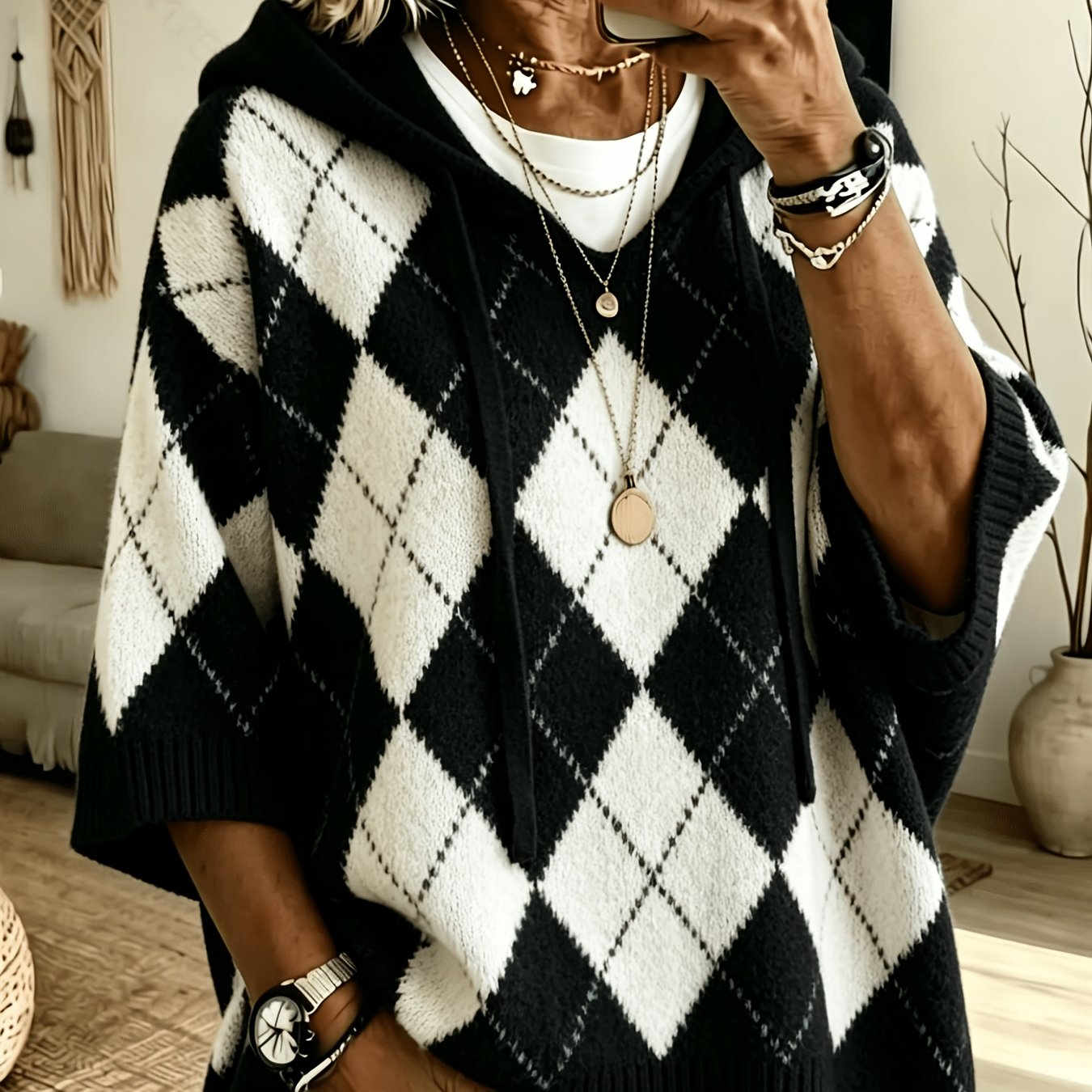 Nadia™ | Retro Diamond Hooded Sweater