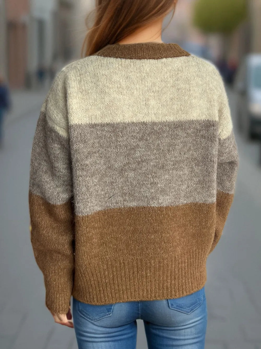 Elowyn™ | Color Block Round Neck Button-Up Cardigan