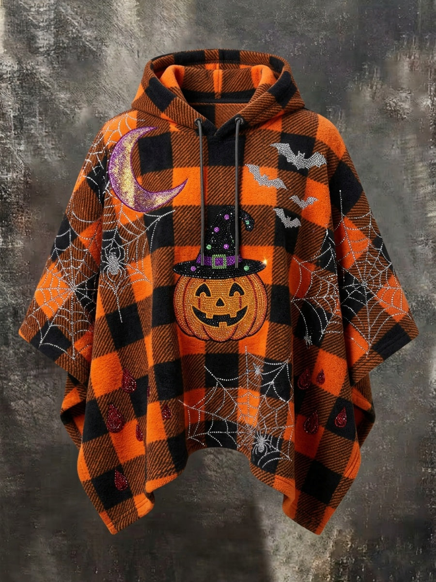Women's Halloween Pumpkin Plaid Hooded Cape