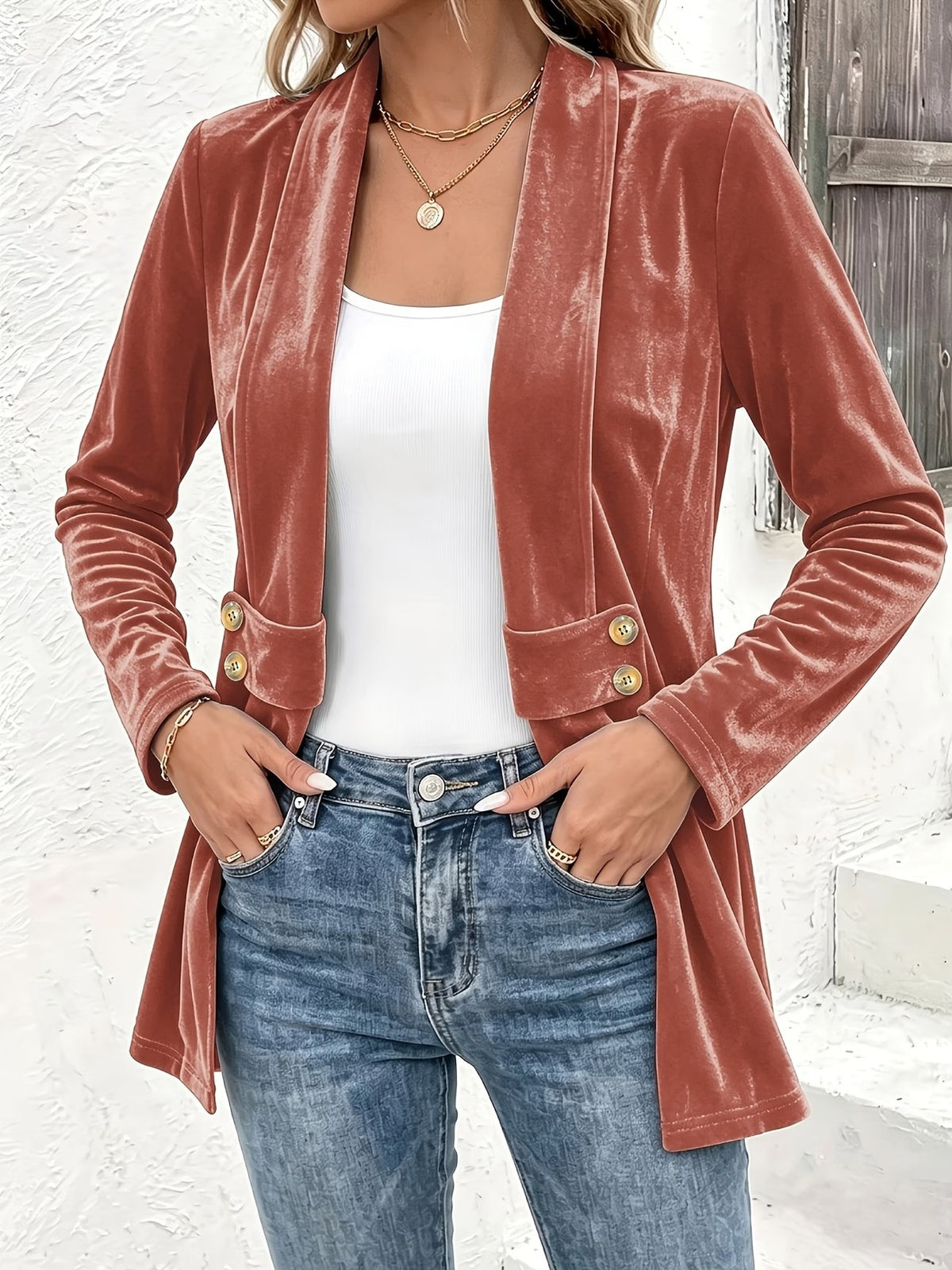 Sienna™ | Rust Velvet Button-Tab Cardigan