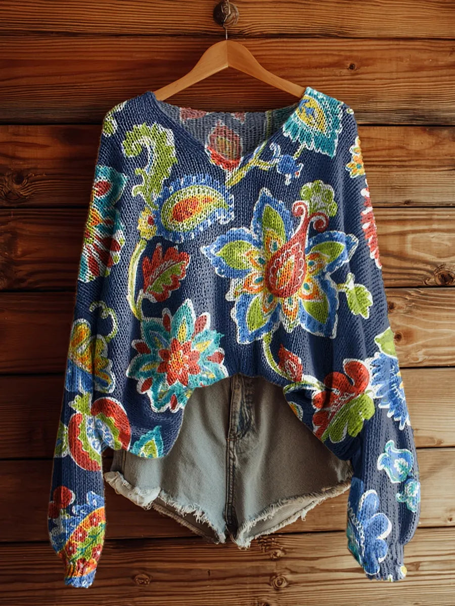 Bryonie™ | Folk Flowers Print V-Neck Sweater