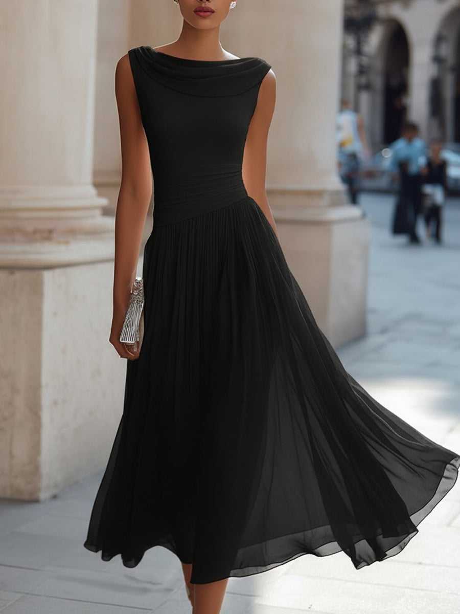 Kathleen™ | Draped Neckline Pleated Sleeveless Midi Dress