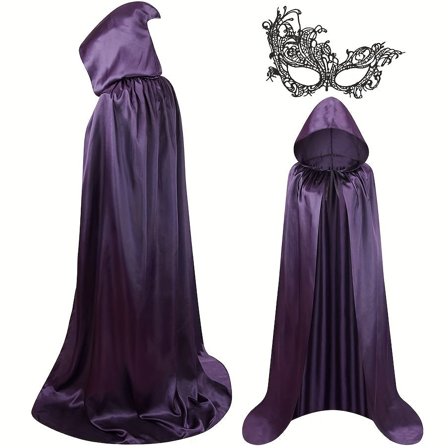 Women's Halloween Dark Purple Hooded Cape & Mask Set