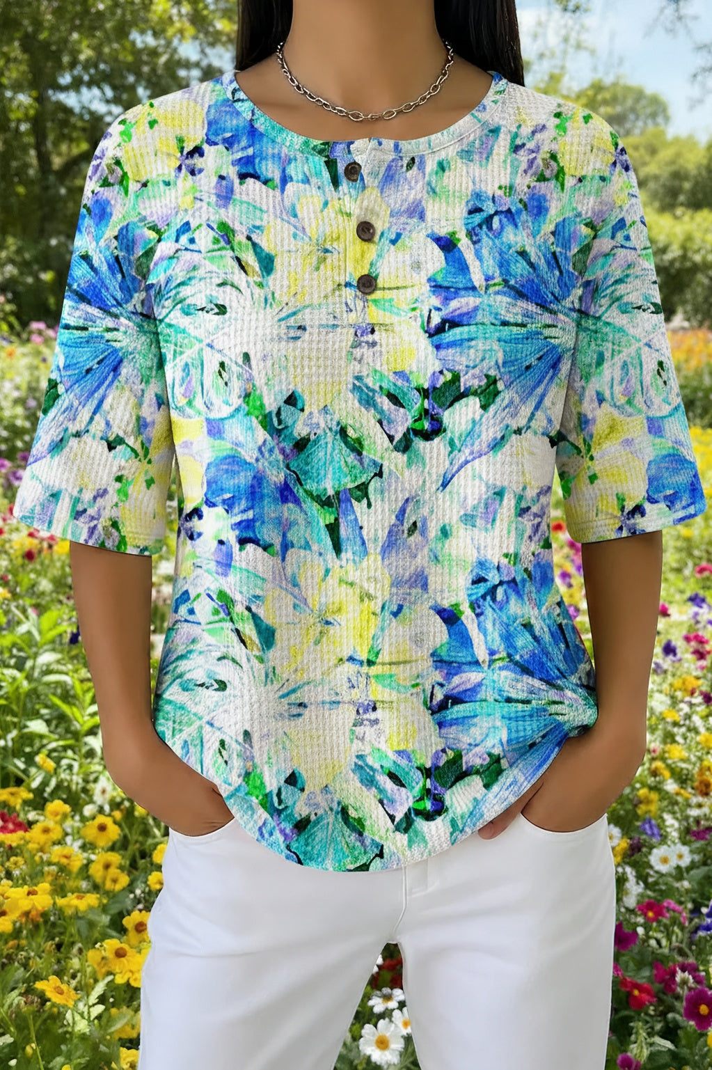Tivanne™ | Botanical Print Casual Waffle Shirt