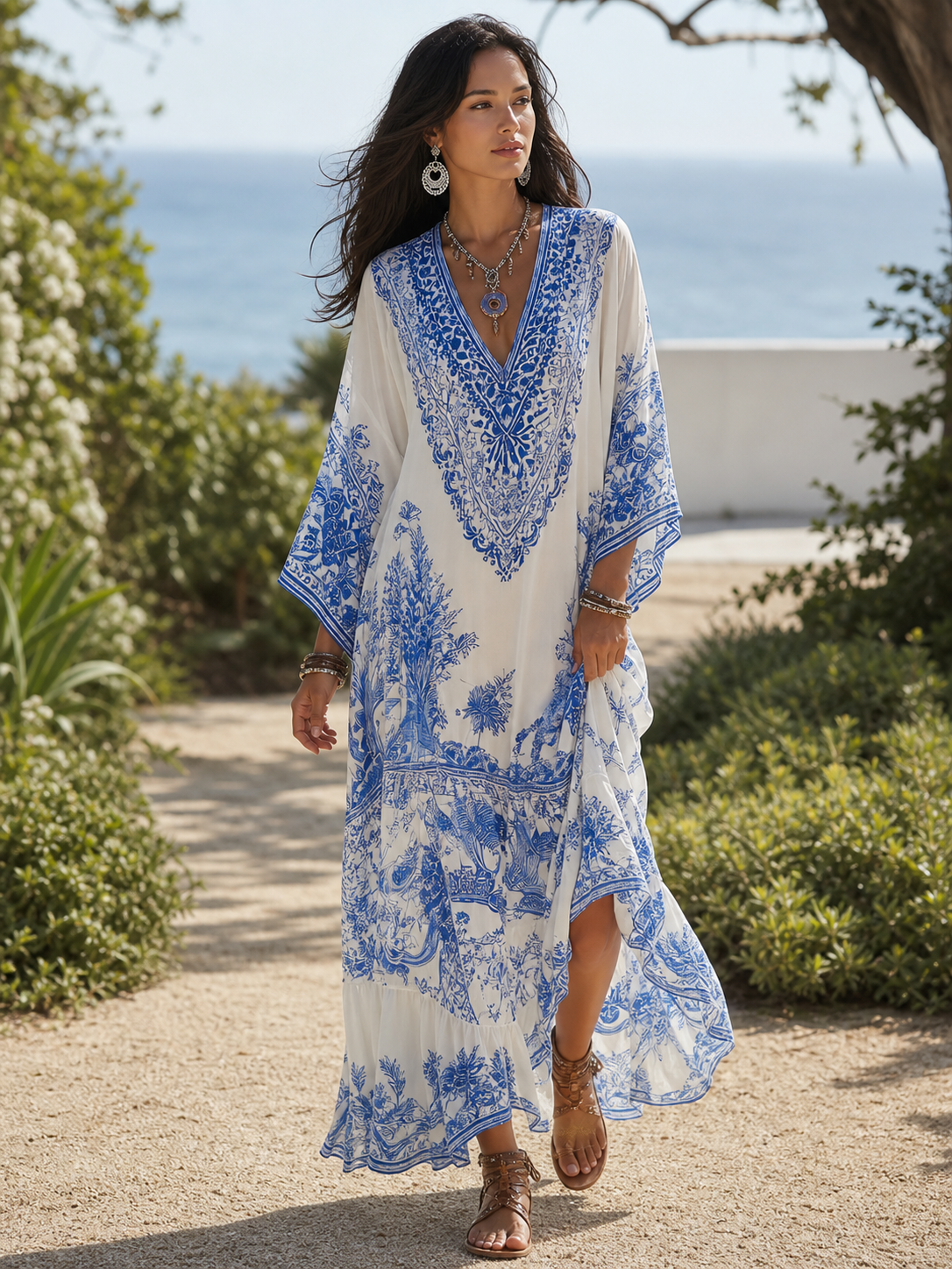 Santorini™ | Blue Porcelain Print V-Neck Kaftan Dress