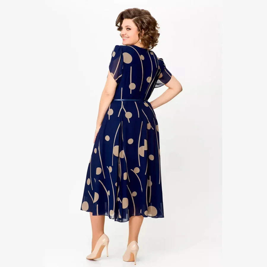 Janelle™ | Navy Dot Print Midi Dress