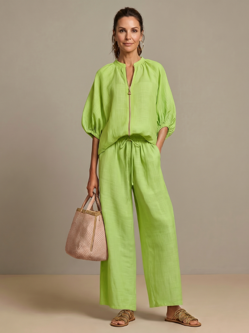 Isadora™ | Zip Front Blouson Top Wide Leg Set