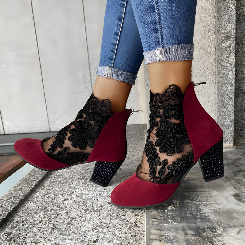 Hazel™ | Lace Embroidered Ankle Bootie Heel