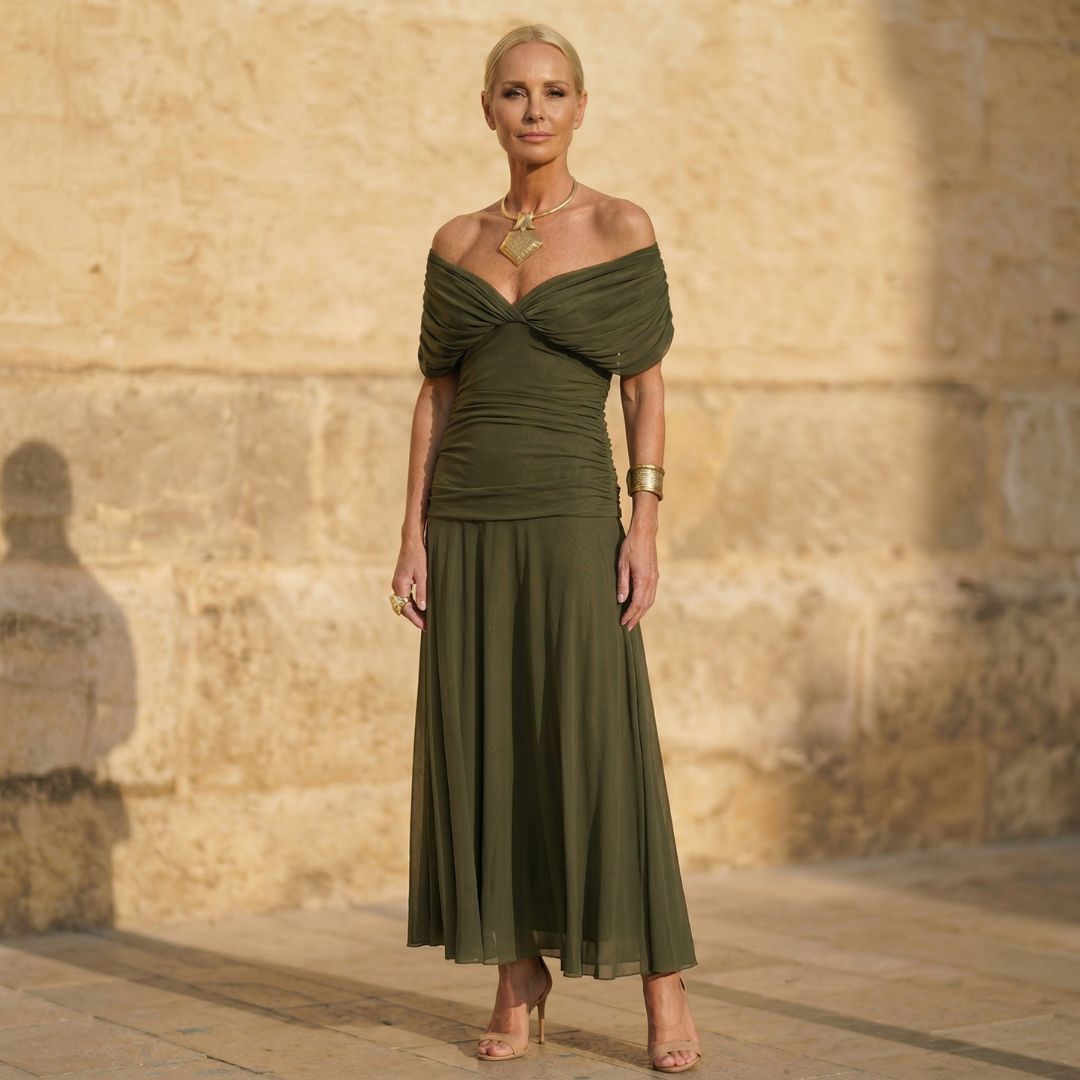 Tivelle™ | Elegant Off-Shoulder Green Dress