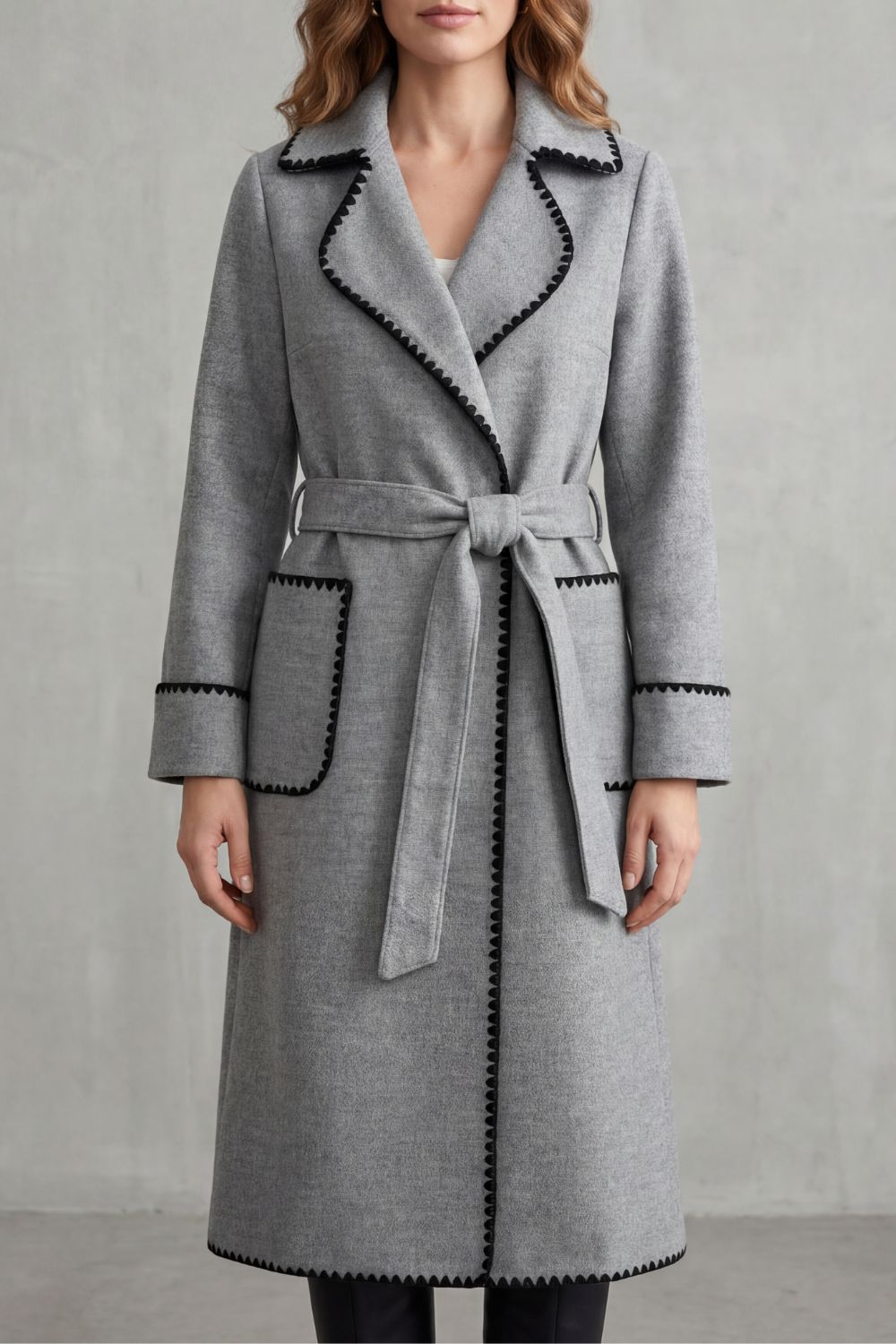 Women's Contrast Trim Longline Belted Coat