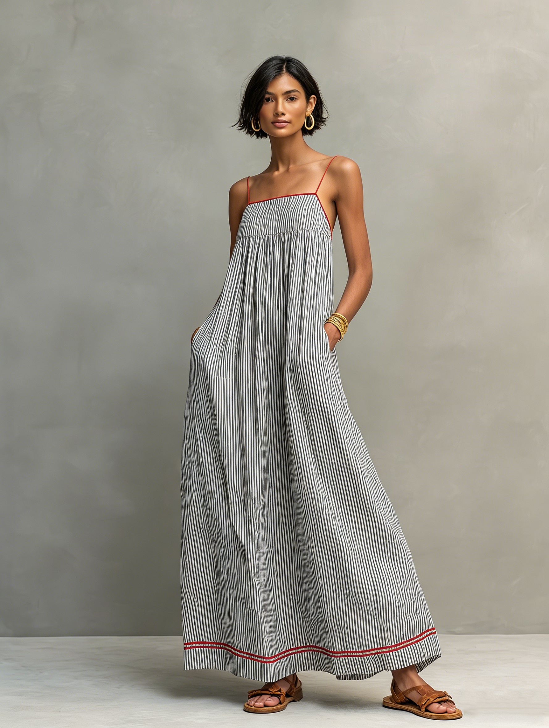 Saffron™ | Striped Maxi Dress with Red Trim and Spaghetti Straps