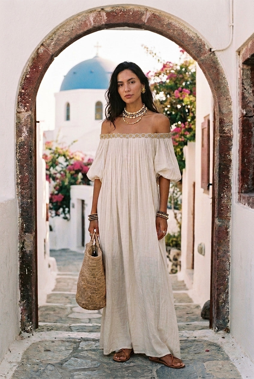 Oriselle™ | Off-the-Shoulder Pleated Ivory Maxi Dress
