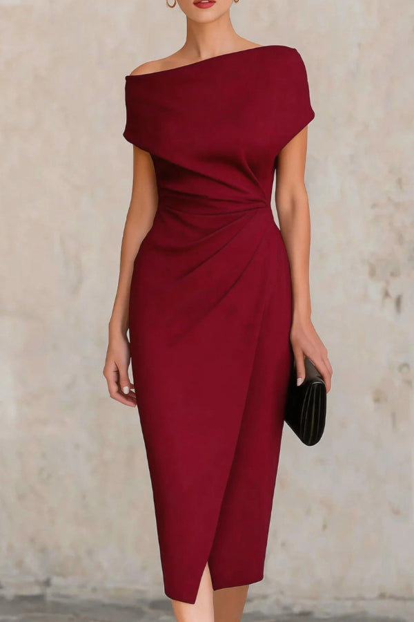 Voncelle™ | Elegant Short-Sleeve Slim-Fit Pleated Midi Dress
