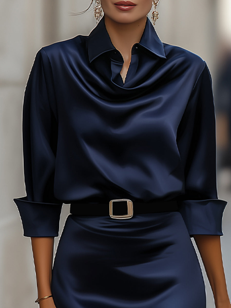 Ivelle™ | Draped Collar Belted Midi Dress