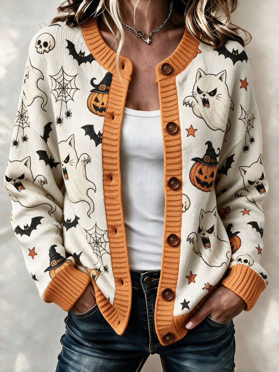 Women's Halloween Meow-Ween Ghost Cardigan