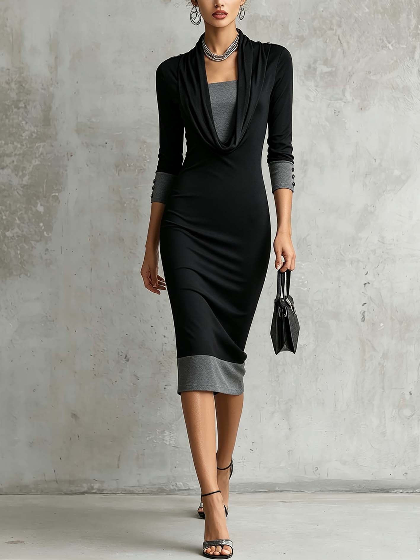 Fablette™ | Two-Tone Draped Neck Bodycon Midi Dress