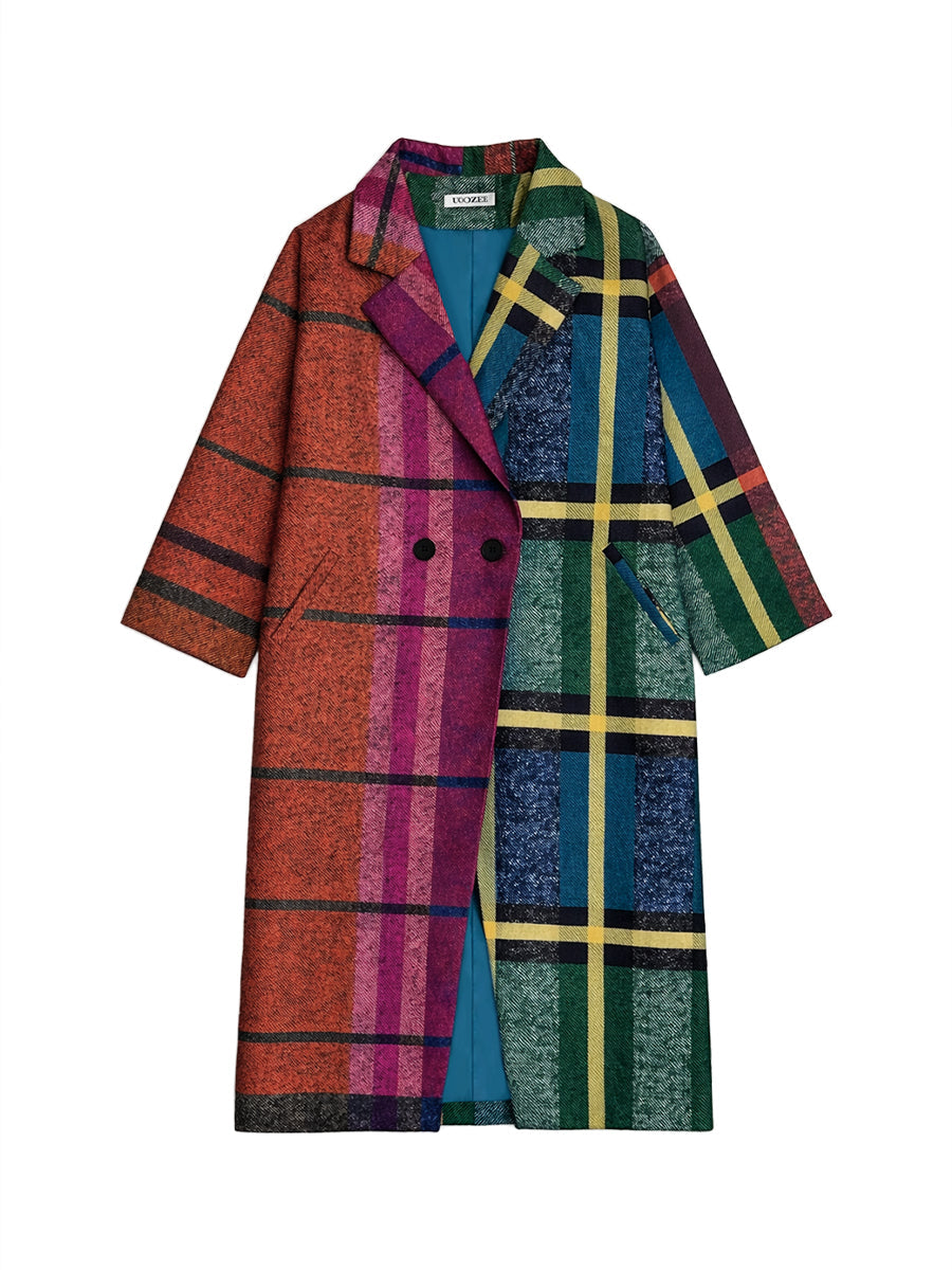Trevaine™ | Loose Contrast Plaid Patchwork Lapel Long Coat