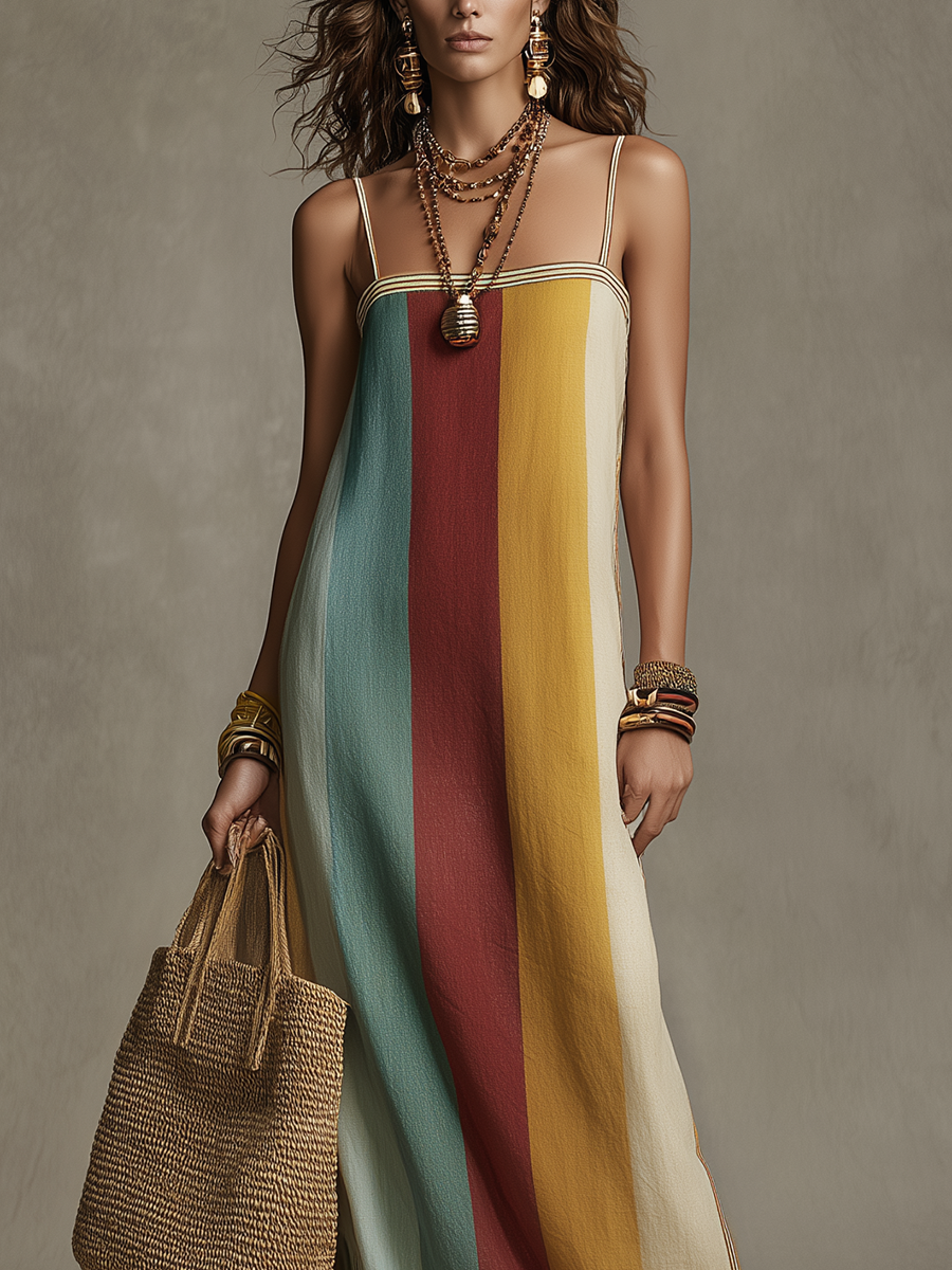 Bianca™ | Bohemian Striped Color Block Spaghetti Strap Maxi Dress