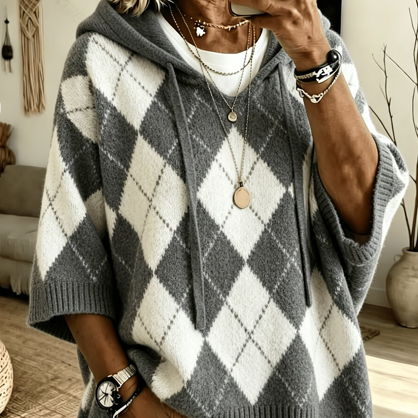 Nadia™ | Retro Diamond Hooded Sweater