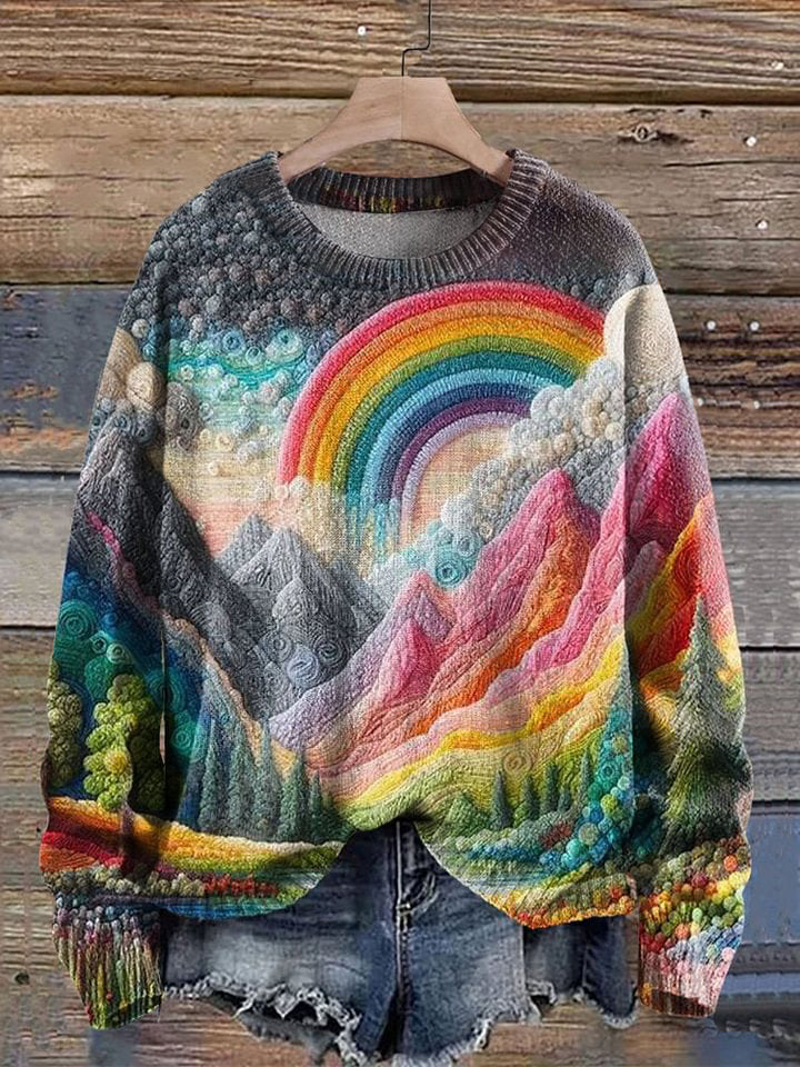 Avelaine™ | Rainbow Landscape Pattern Print Pullover Sweater