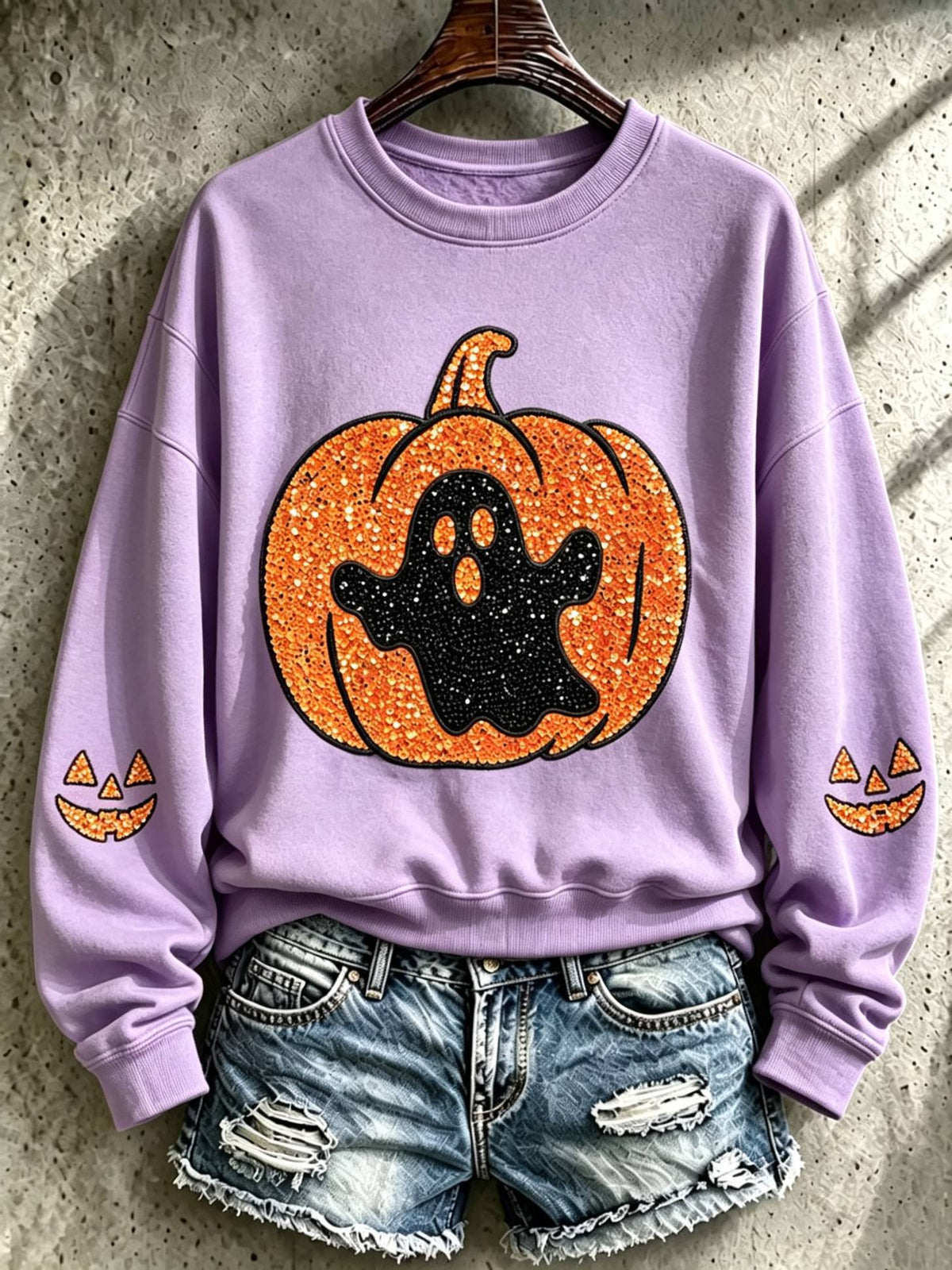 Women's Halloween Rhinestone Pumpkin Ghost Sweatshirt