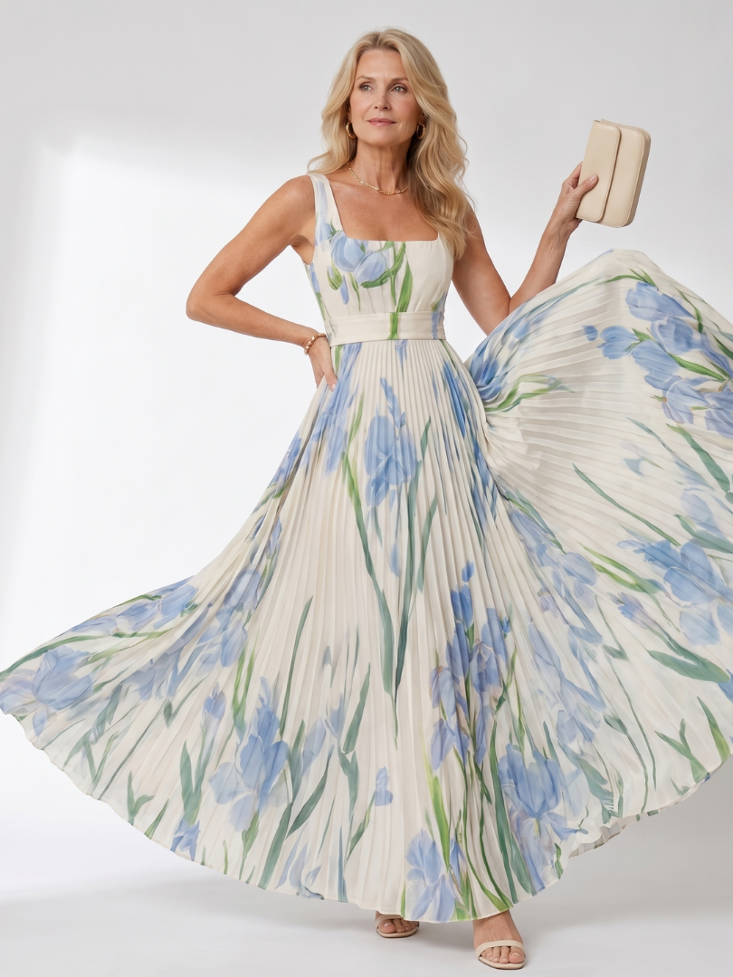Glorine™ | Sleeveless Floral Pleated Maxi Dress with Square Neckline