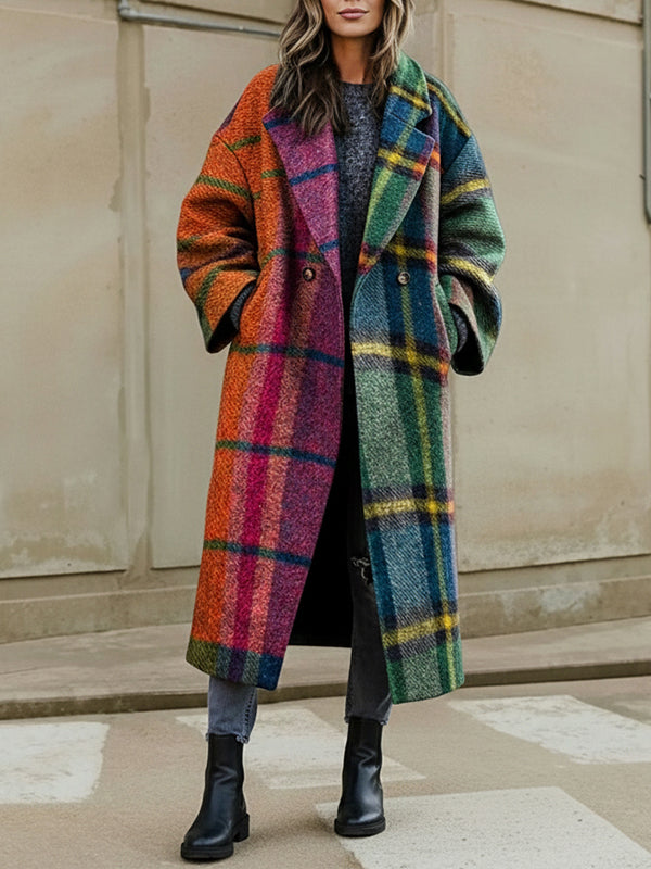 Trevaine™ | Loose Contrast Plaid Patchwork Lapel Long Coat