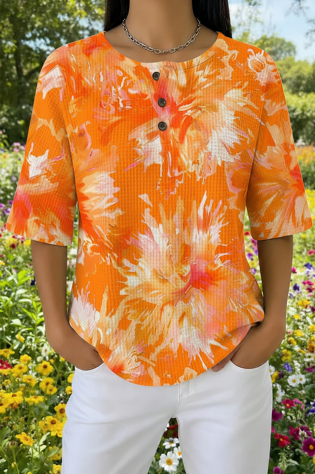 Nolaire™ | Floral Print Casual Henley Top